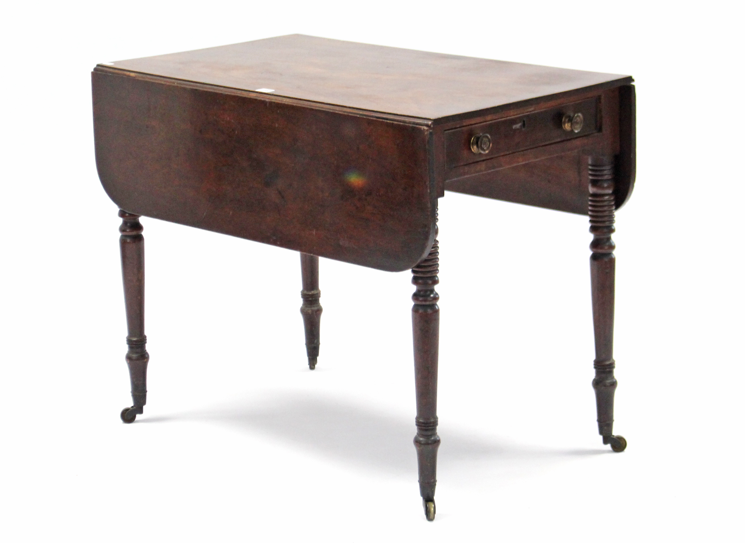 A 19th century mahogany Pembroke table, fitted end drawer & on ring-turned tapered legs with steel