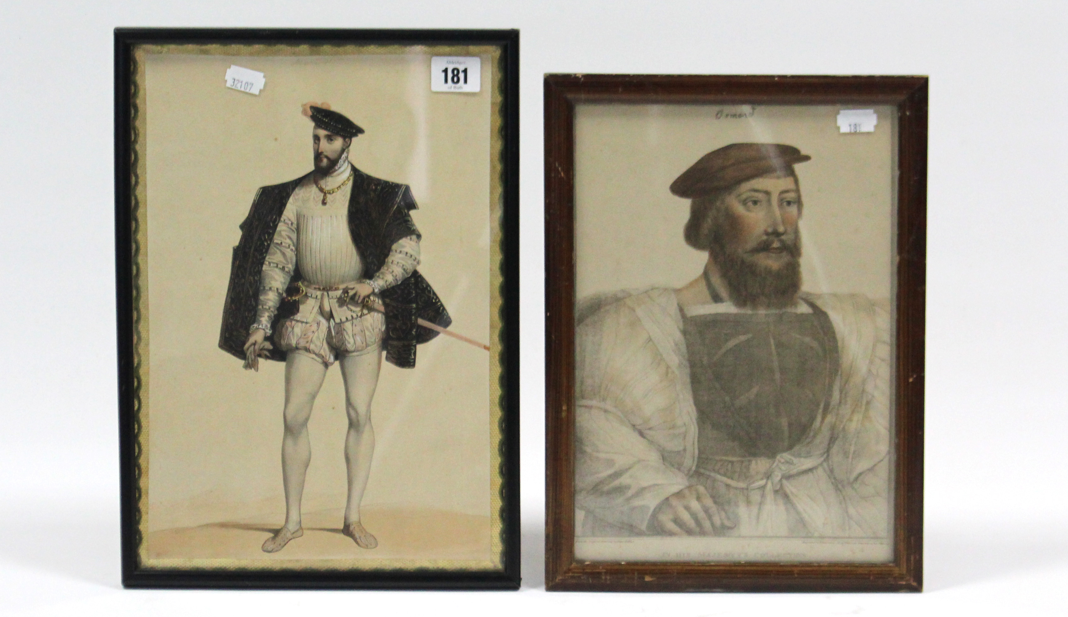 A pair of coloured prints after Holbein-male portrait studies; a large pottery cat ornament by - Image 2 of 2