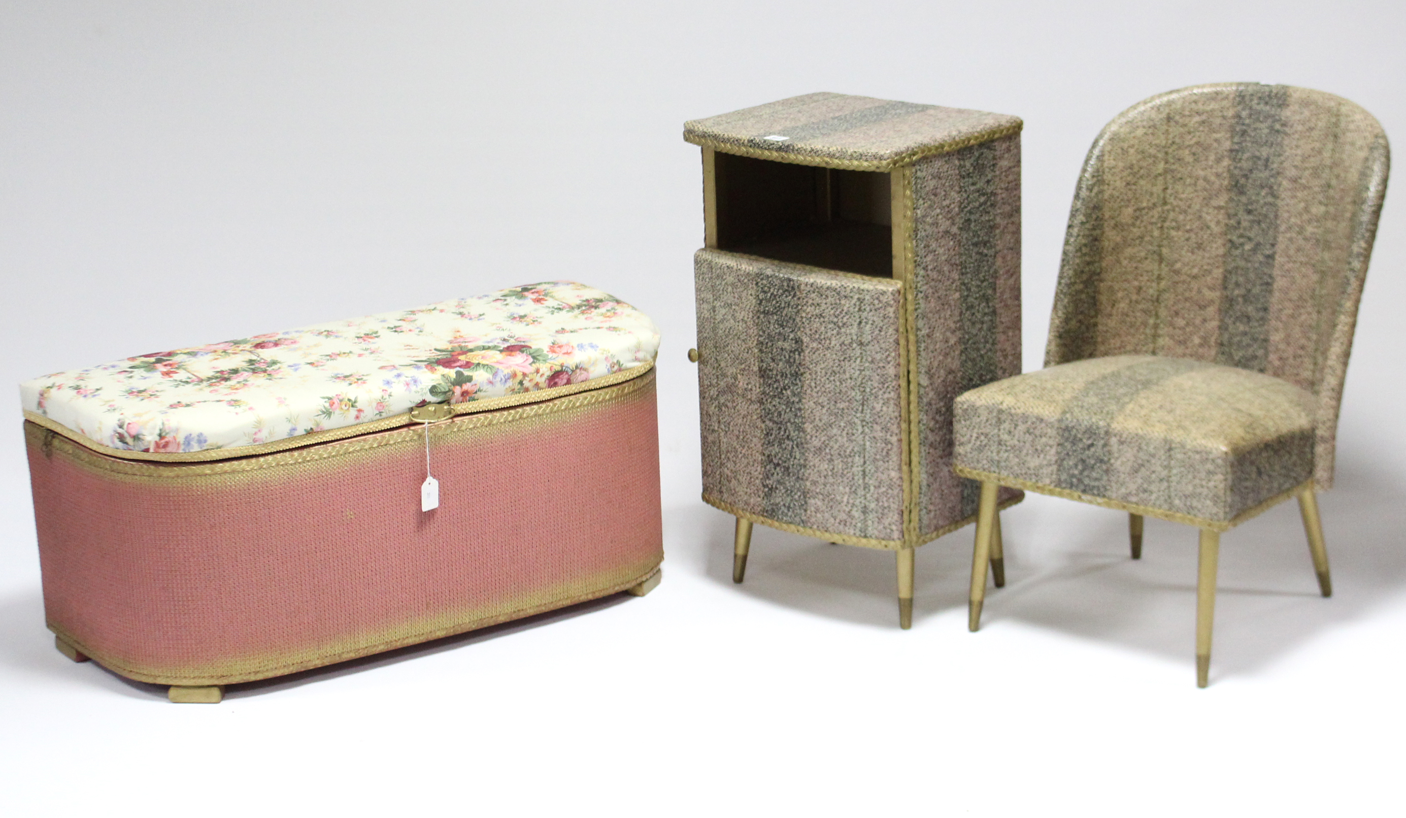 A 1960’s “KRAFT” snakeskin effect bedroom chair & matching bedside cupboard; & a Lloyd Loom