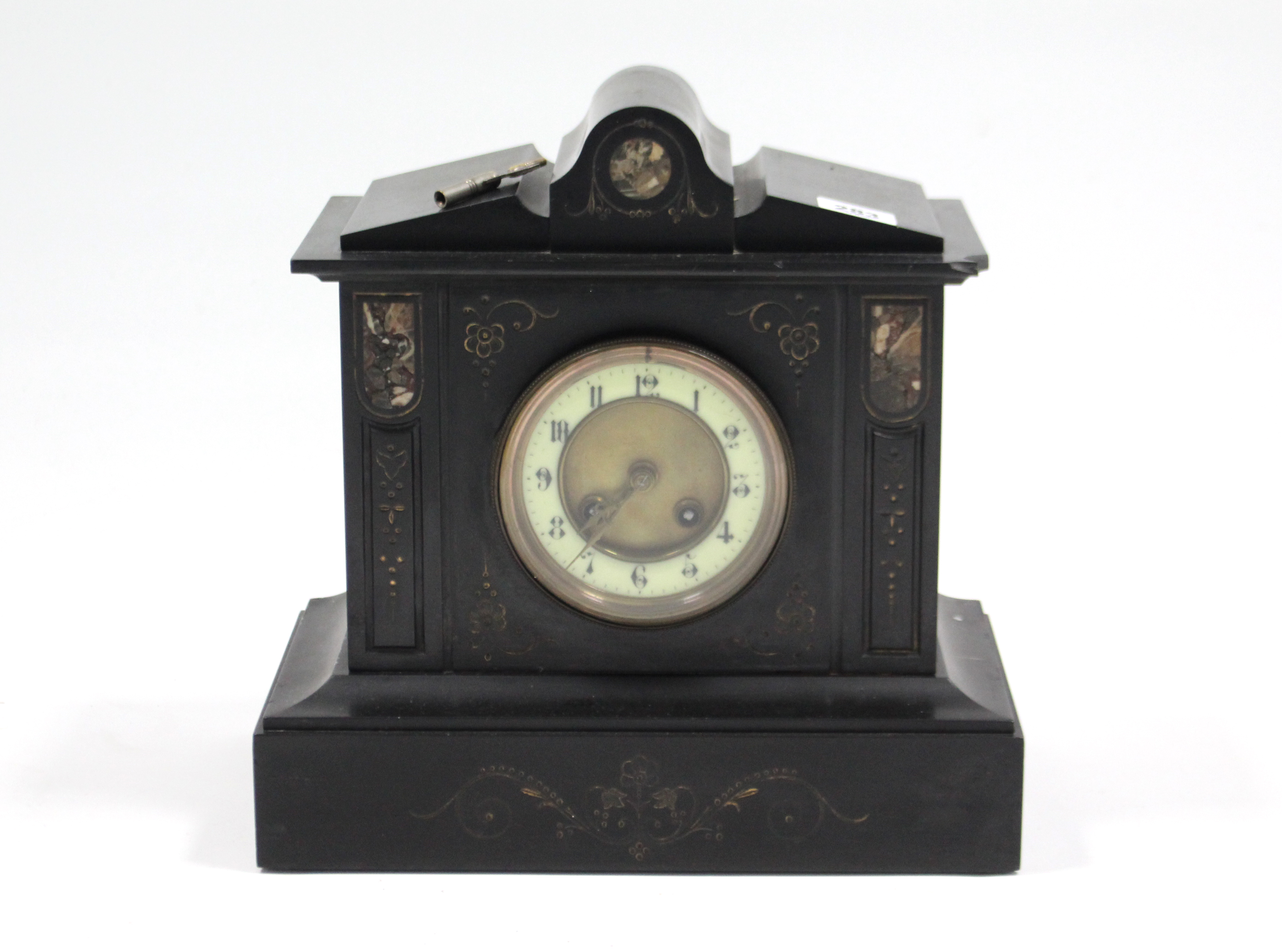 A 19th century mantel clock in black slate architectural-style case, 12” high (case w.a.f.); - Image 2 of 2