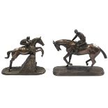 Two bronzed resin ornaments, each in the form of a racehorse with jockey up.