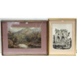 A large watercolour painting of a highland landscape with stream to the foreground & with