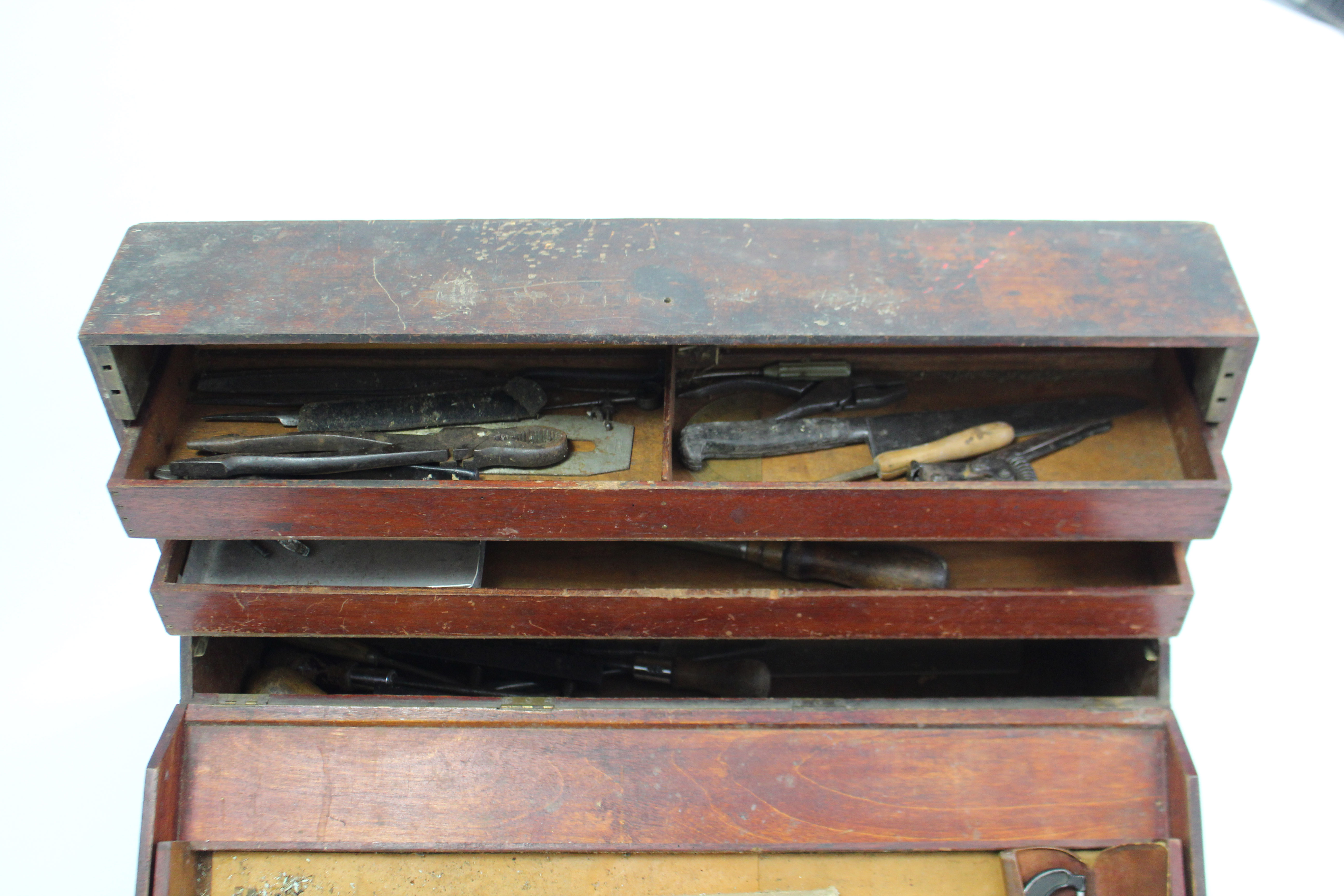 An early 20th century carpenter’s deal tool box with fitted interior enclosing numerous tools & - Image 3 of 5