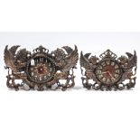 Two reproduction cast-metal frame mantel clocks, each with crown surmount & with winged-lion to