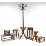 A Bentwood beech hat & coat stand, 74¼” high, & six various stools.