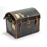 A late 19th/early 20th century black fibre-covered & leather-bound domed-top travelling trunk with