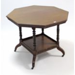 A late Victorian mahogany two-tier centre table with octagonal top, & on four ring-turned supports &