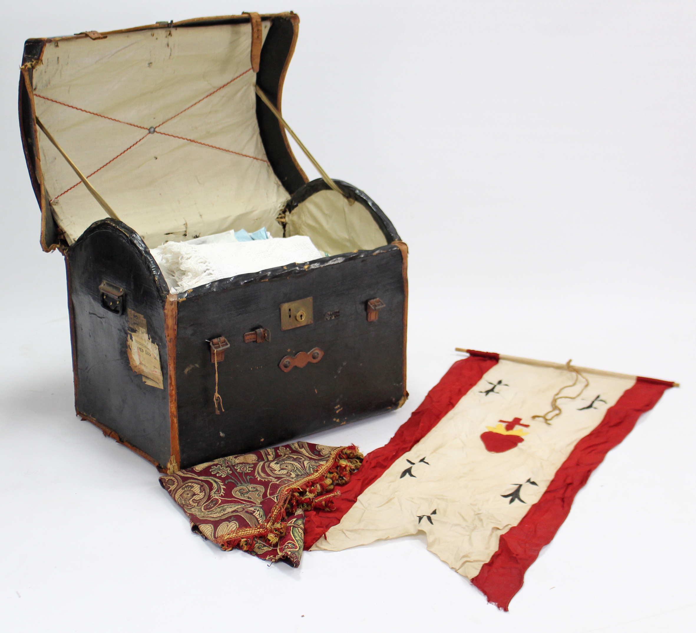 A late 19th/early 20th century black fibre-covered & leather-bound domed-top travelling trunk with - Image 2 of 4