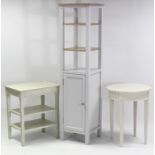 A light-grey & woodgrain-effect tall narrow side cabinet with two adjustable open shelves above