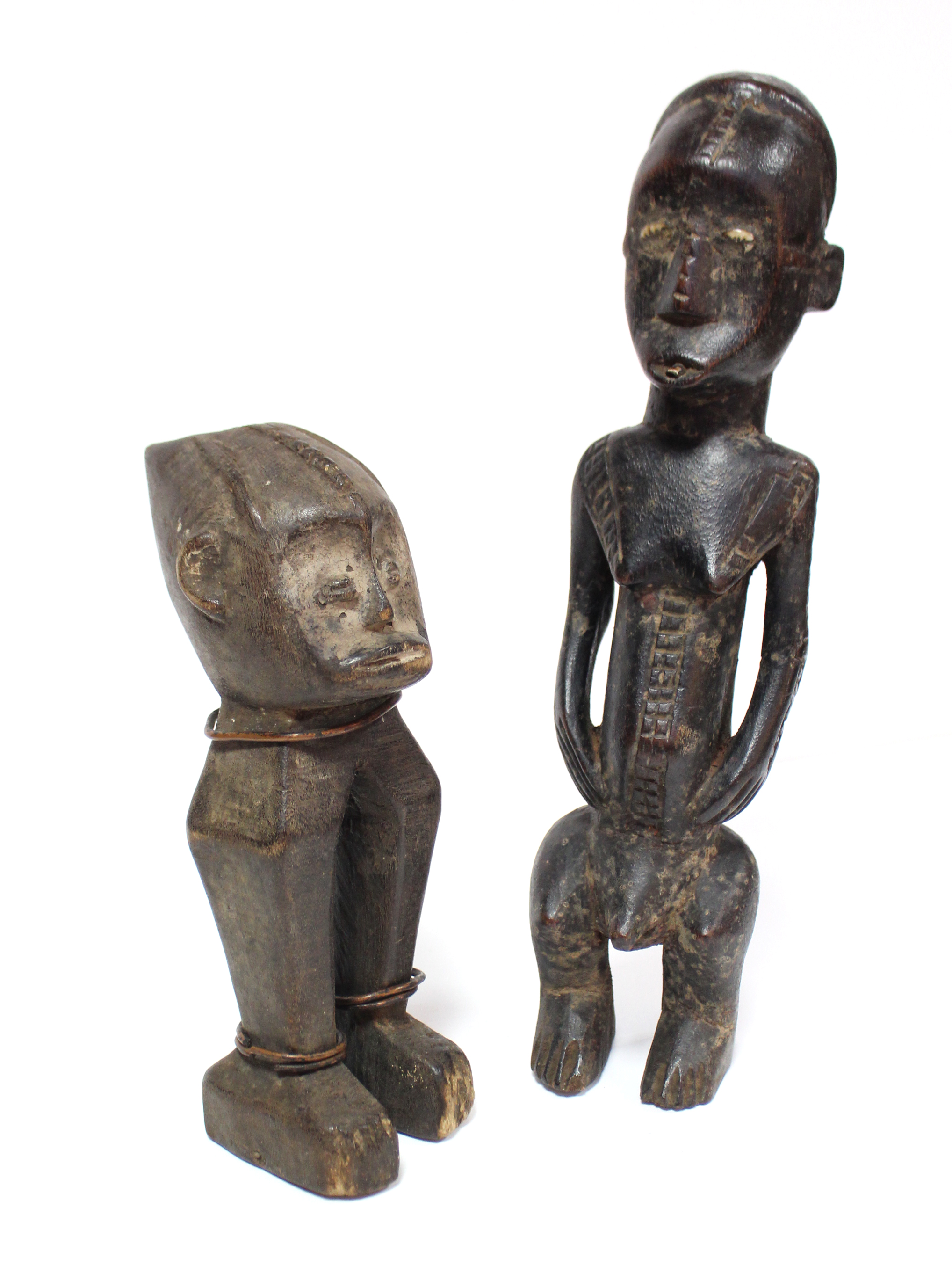 A carved wood standing figure inset cowrie-shell eyes, possibly Ugbandi or Ngbaki, 11¾” high; & a - Image 2 of 4