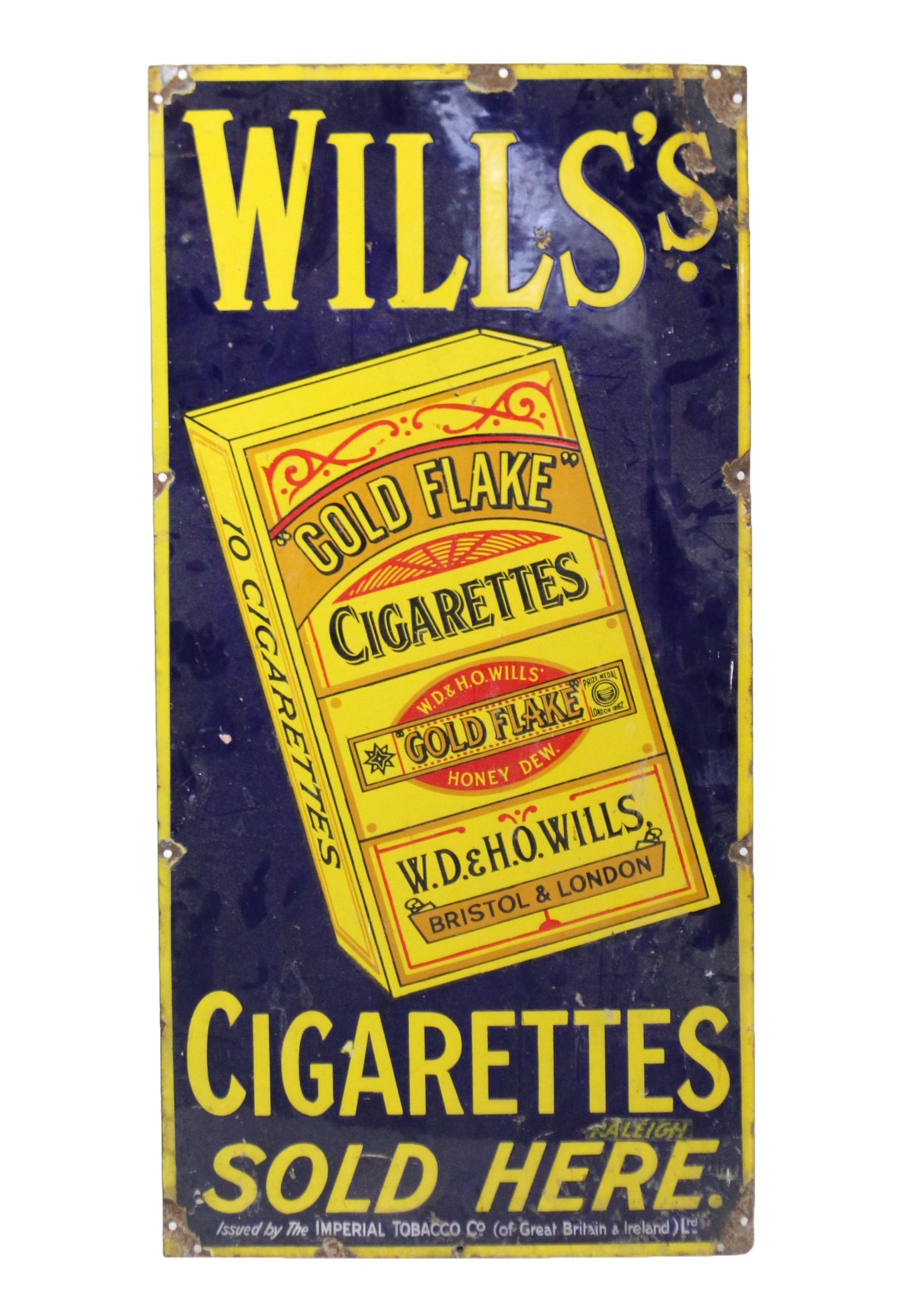 AN EARLY-MID 20th CENTURY ENAMELLED PICTORIAL RECTANGULAR SIGN “WILLS’S CIGARETTES SOLD HERE” (