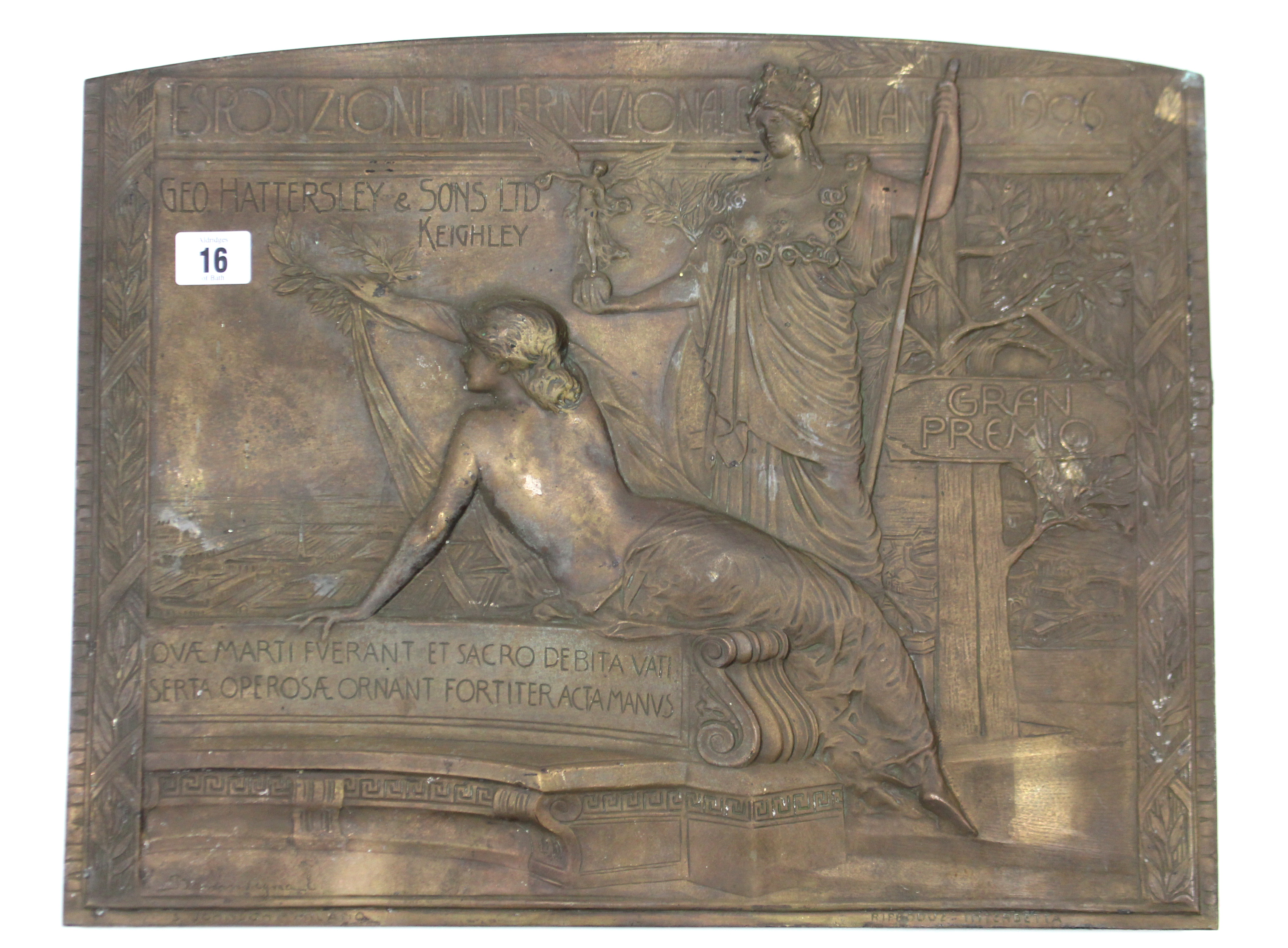 A bronzed rectangular plaque “GEO HATTERSLEY & SONS LTD KEIGHLEY, ESROSIZIONE INTERNAZIONALE