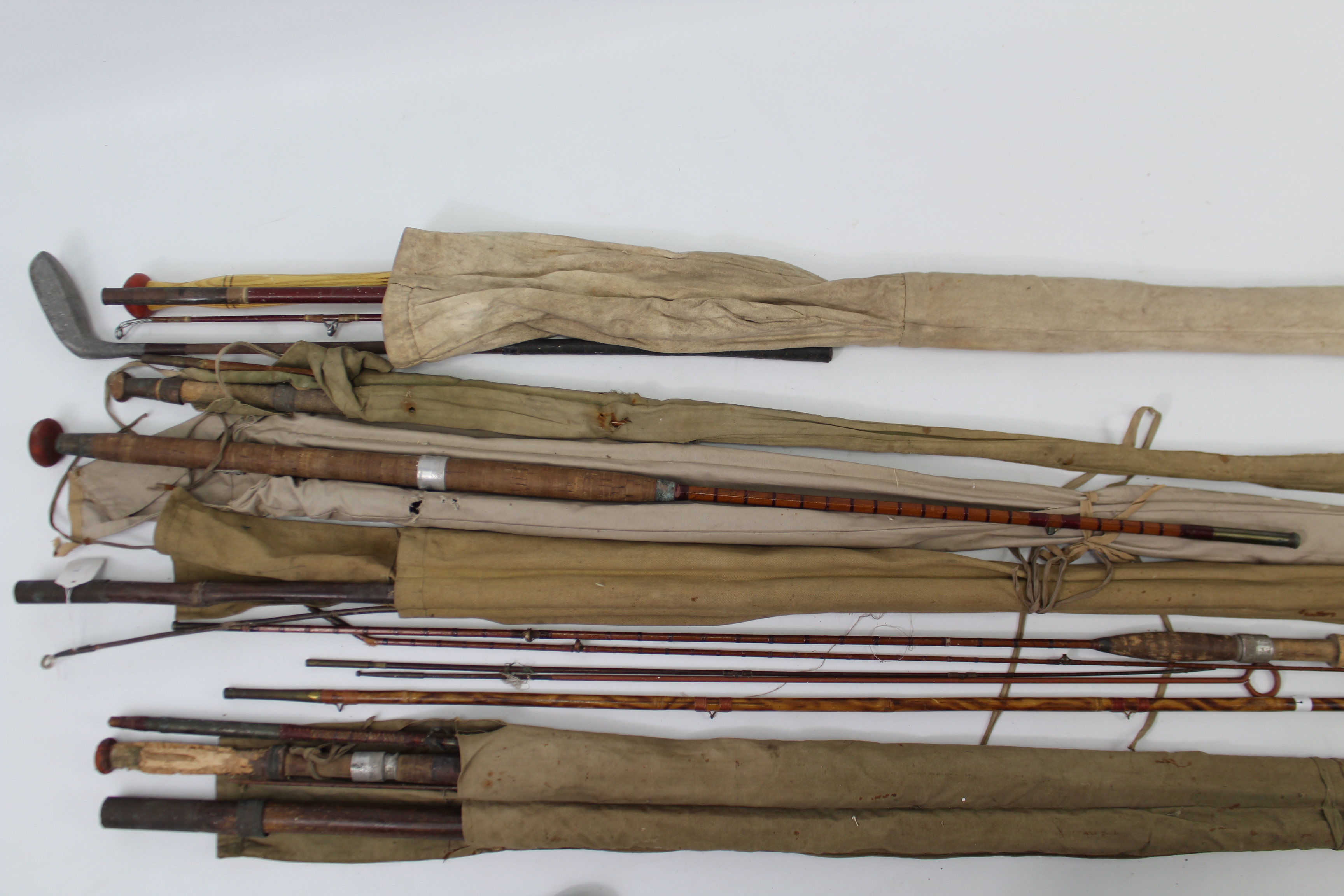 Two treen fishing reels, 4” & 3½” diam.; together with six split-cane fishing rods; various lures, - Image 5 of 5