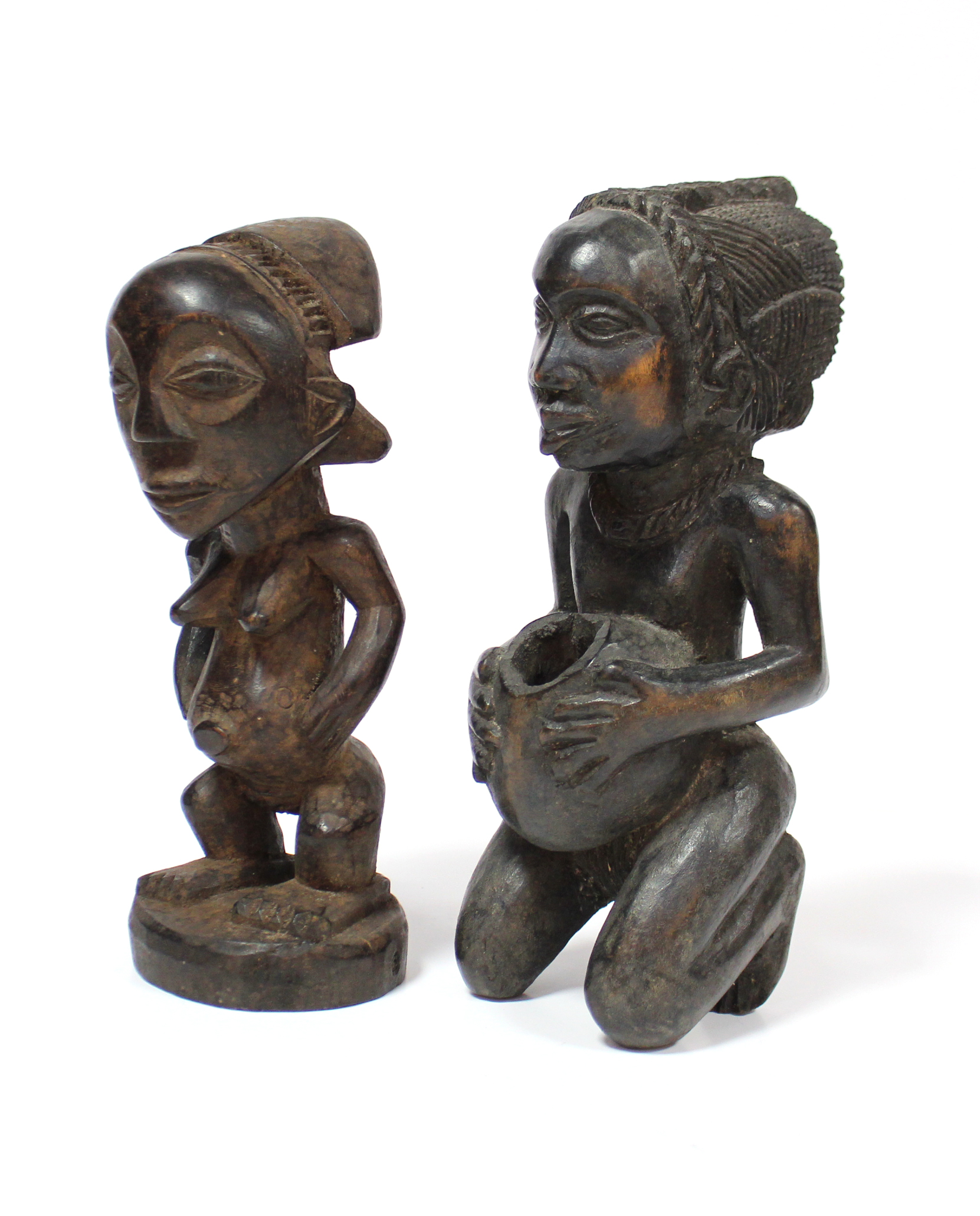 A Luba carved wood standing female figure, 9”; & a similar kneeling figure holding a bowl, 9¾”. - Image 2 of 3