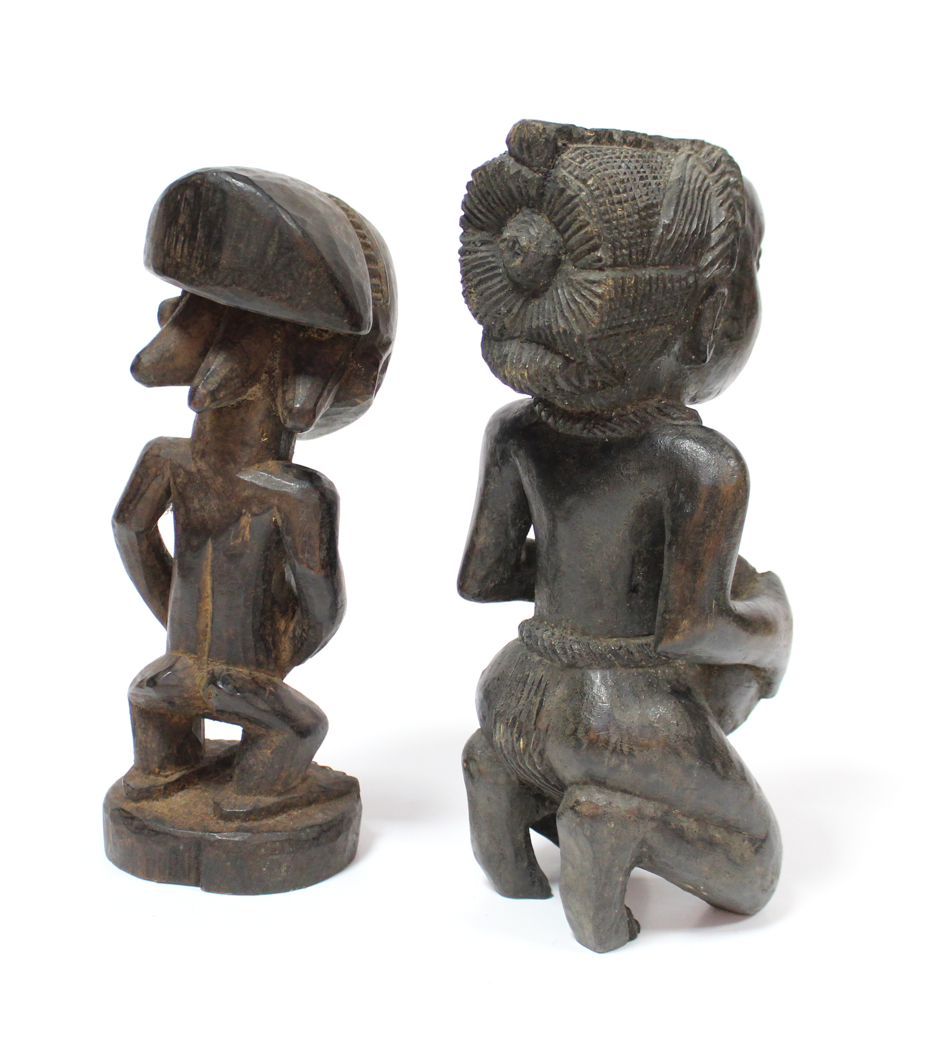 A Luba carved wood standing female figure, 9”; & a similar kneeling figure holding a bowl, 9¾”. - Image 3 of 3