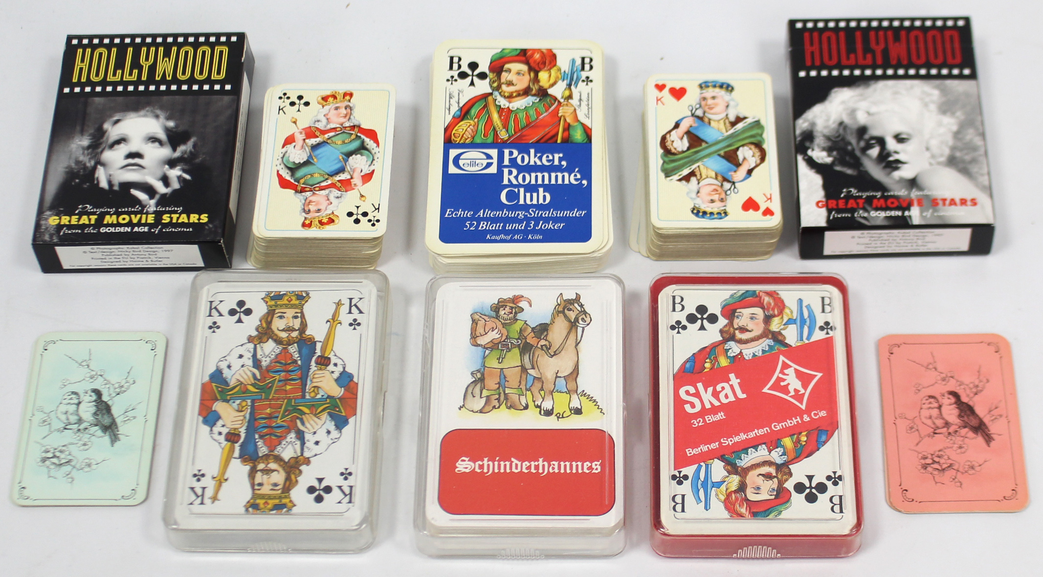 Two sets of Hollywood “Great Movie Stars” playing cards; & six sets of German playing cards.