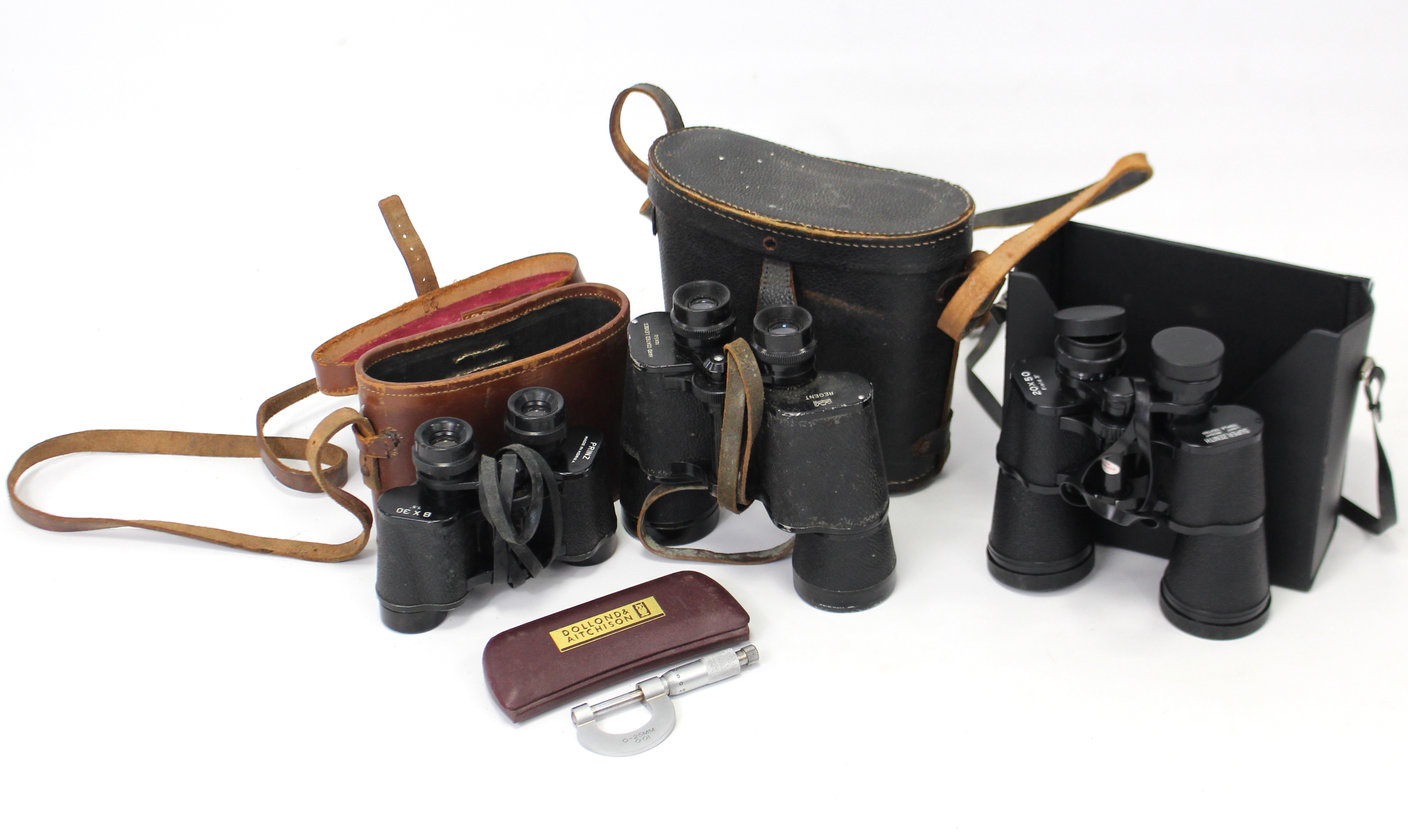 A Dolland & Aitchison micrometer; & thee various pairs of binoculars, each with case.