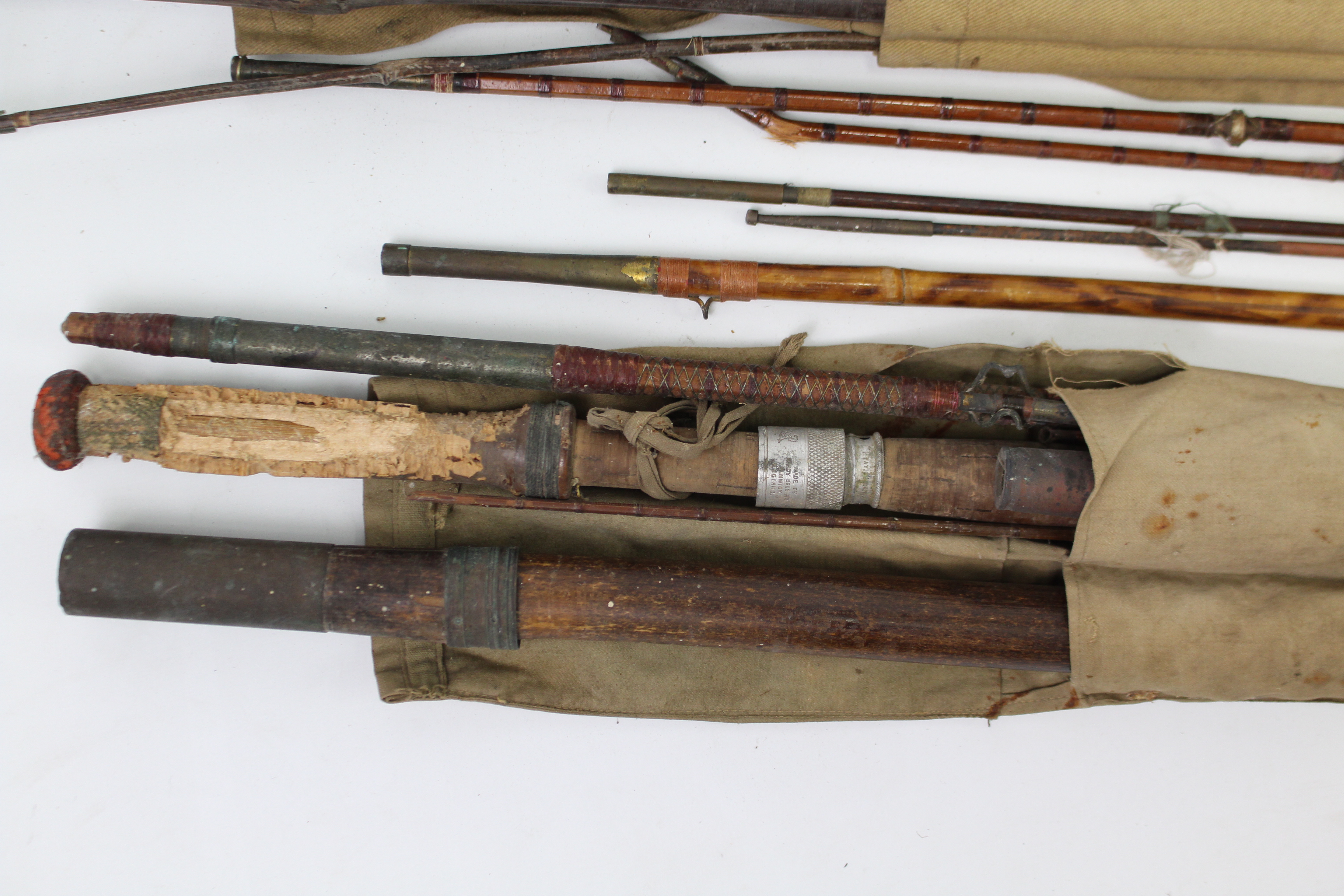 Two treen fishing reels, 4” & 3½” diam.; together with six split-cane fishing rods; various lures, - Image 3 of 5