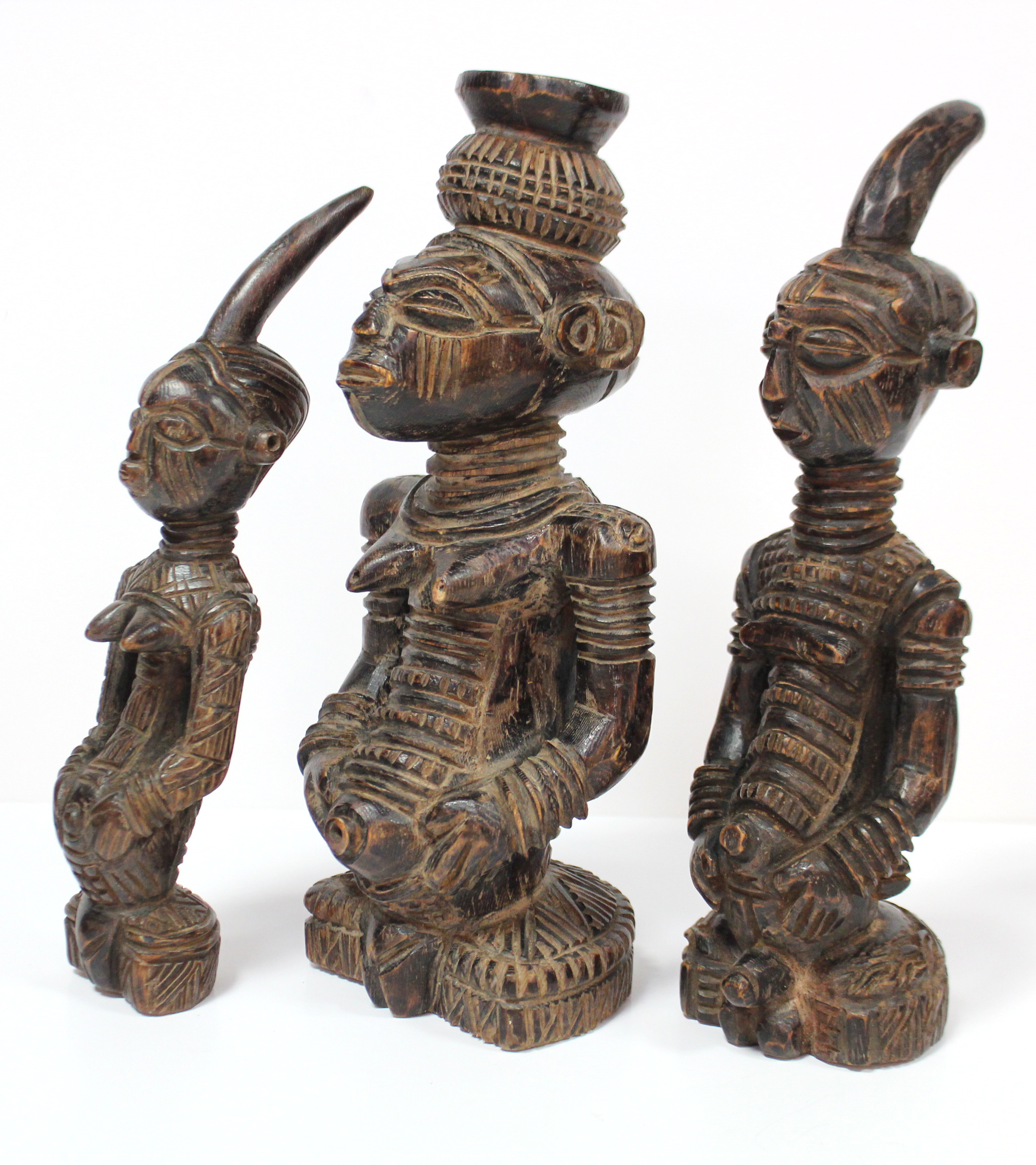 Three Lulua carved wood seated figures, two with pointed head-piece; 10” & 9” high; the third with a - Image 2 of 3