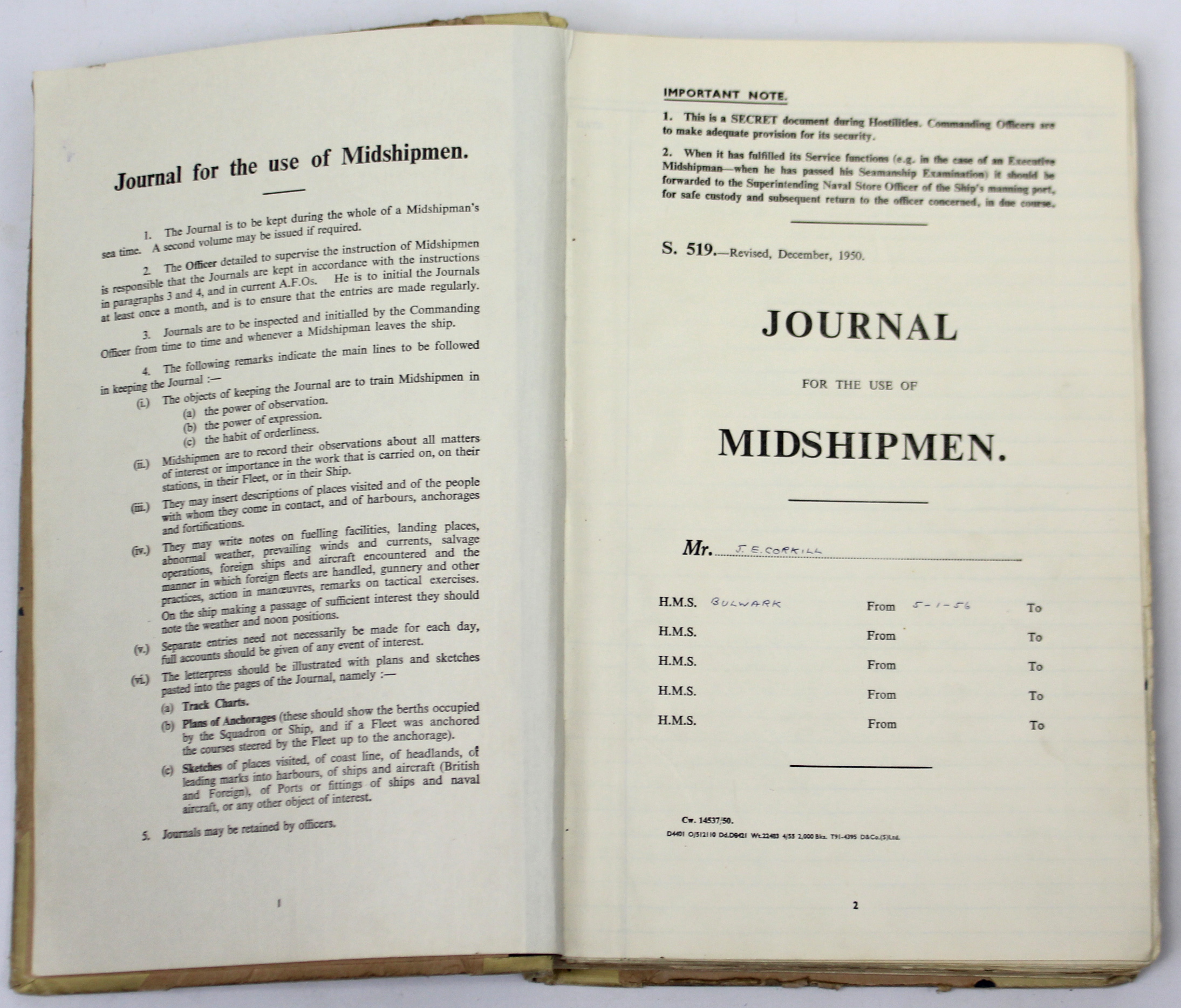 A mid-20th century “H. M. S. Bulwark” Journal for the use of Midshipmen, chronicling the Suez