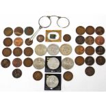 A pair of lorgnettes; a miniature photograph frame; a miniature photograph locket; & various