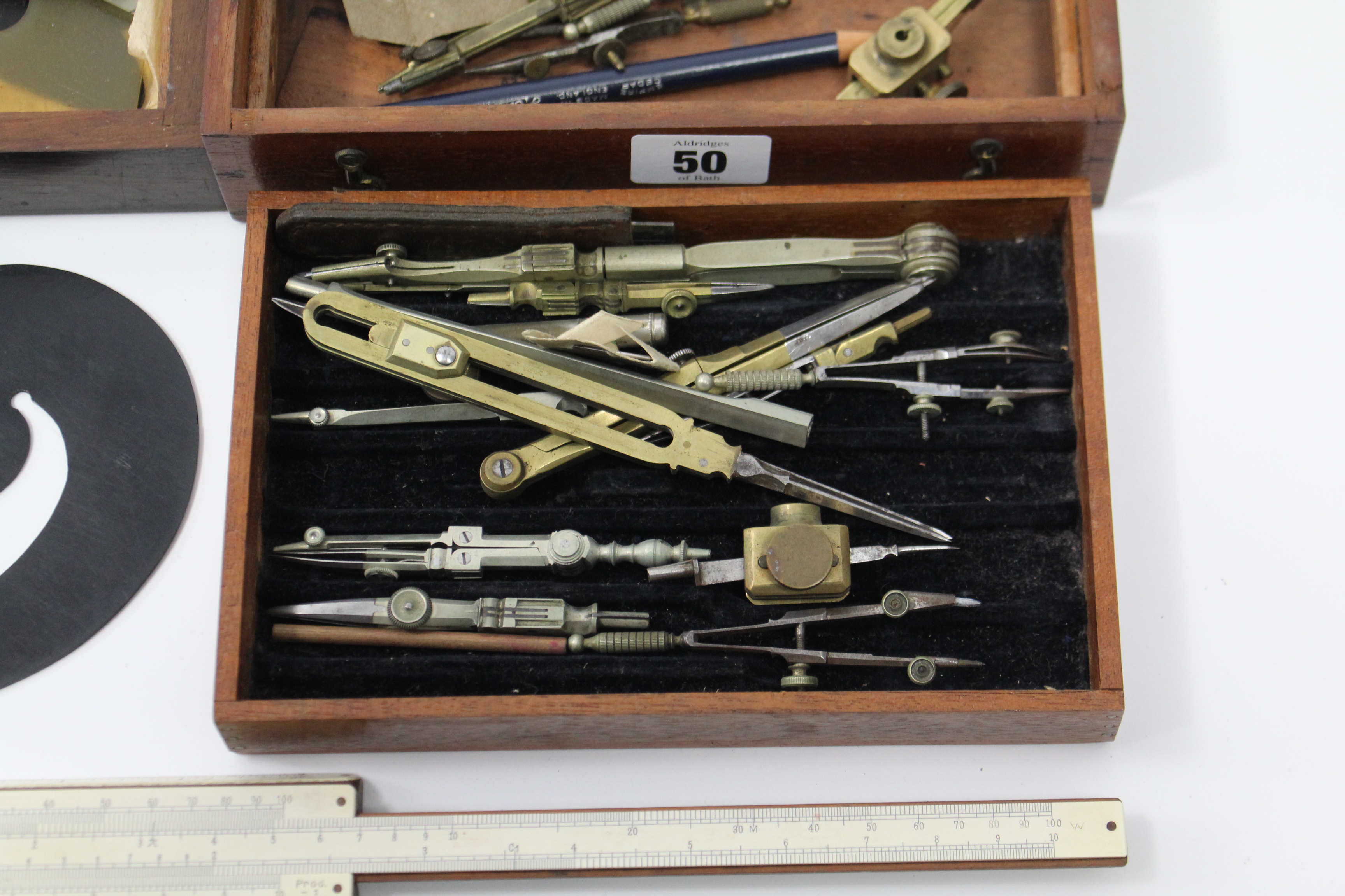 Two part-sets of drawing implements, each part set in a fitted case; & a Bavarian slide rule, - Image 2 of 4