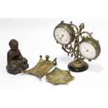 A cast-brass novelty “Satan” card tray, 6¼” wide; a combination desk timepiece/barometer; a Buddha