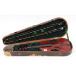 A violin & two bows (violin 23” long), in a mahogany-finish case (w.a.f.).