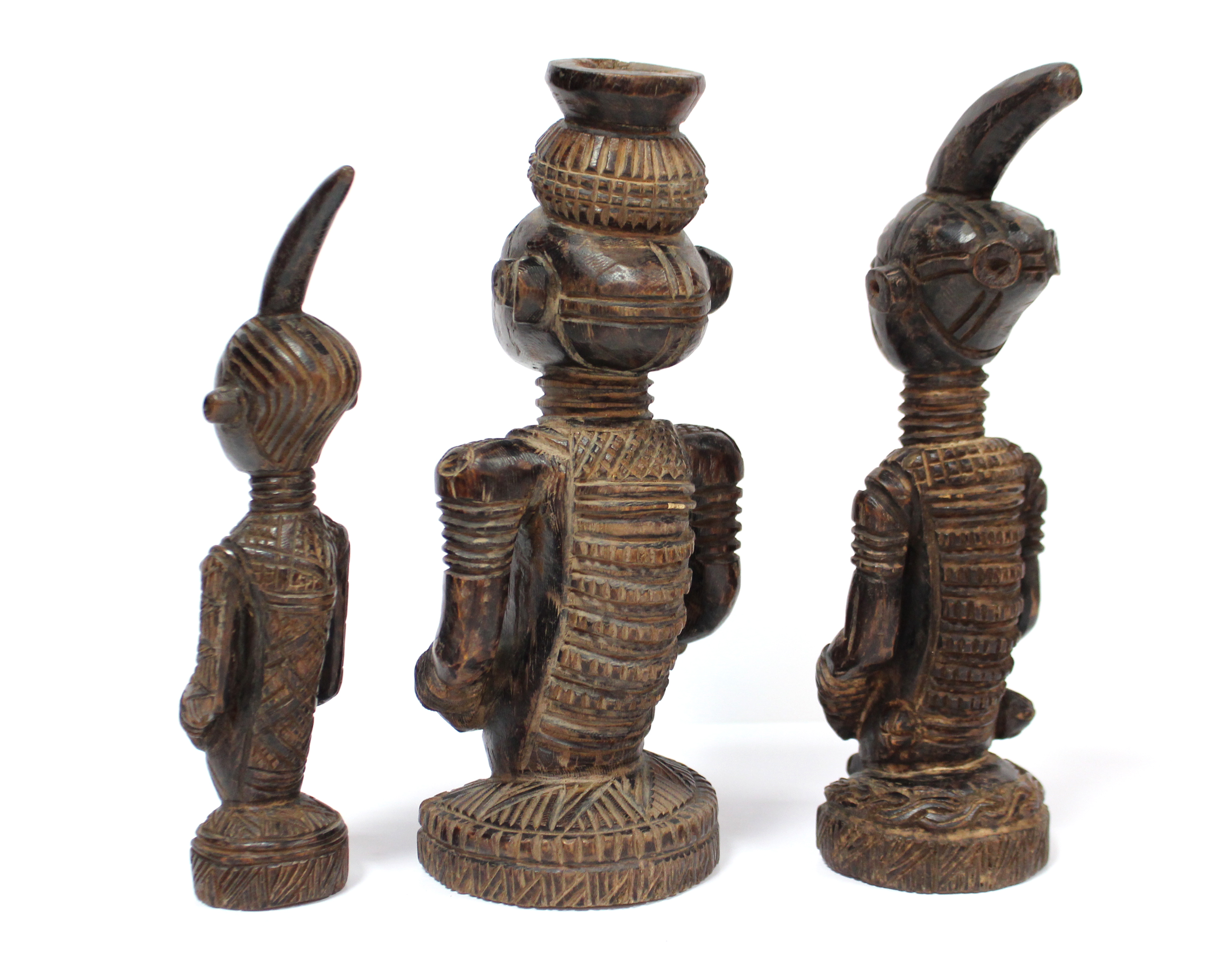 Three Lulua carved wood seated figures, two with pointed head-piece; 10” & 9” high; the third with a - Image 3 of 3