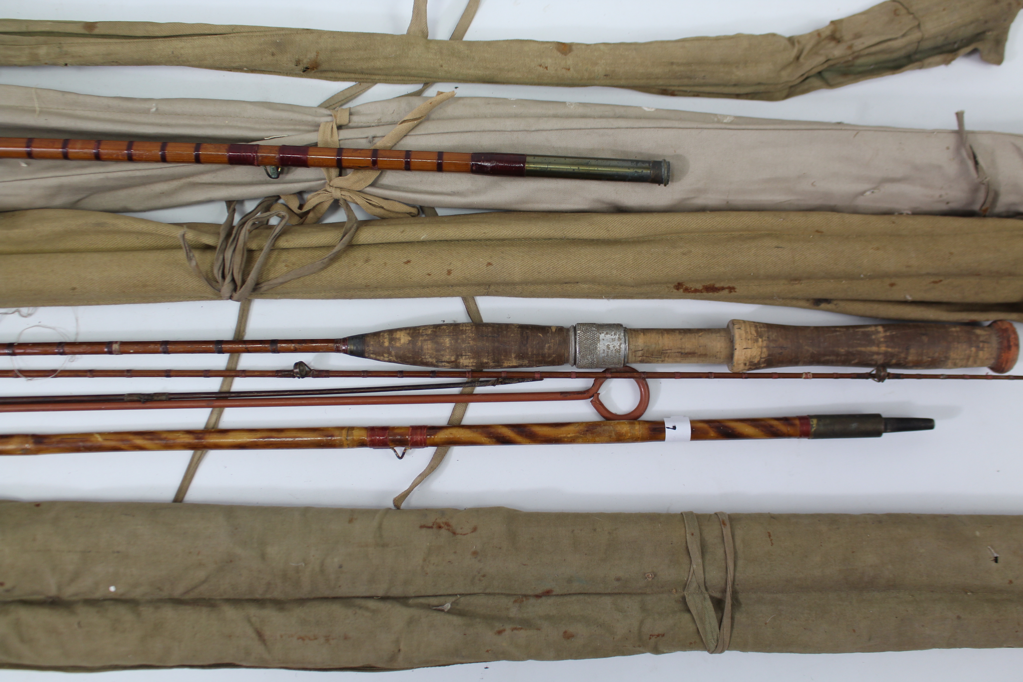 Two treen fishing reels, 4” & 3½” diam.; together with six split-cane fishing rods; various lures, - Image 4 of 5