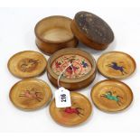 A 19th century horse-racing game (based on roulette), in treen drum-shaped case, 4¼” diam. x 3¾”