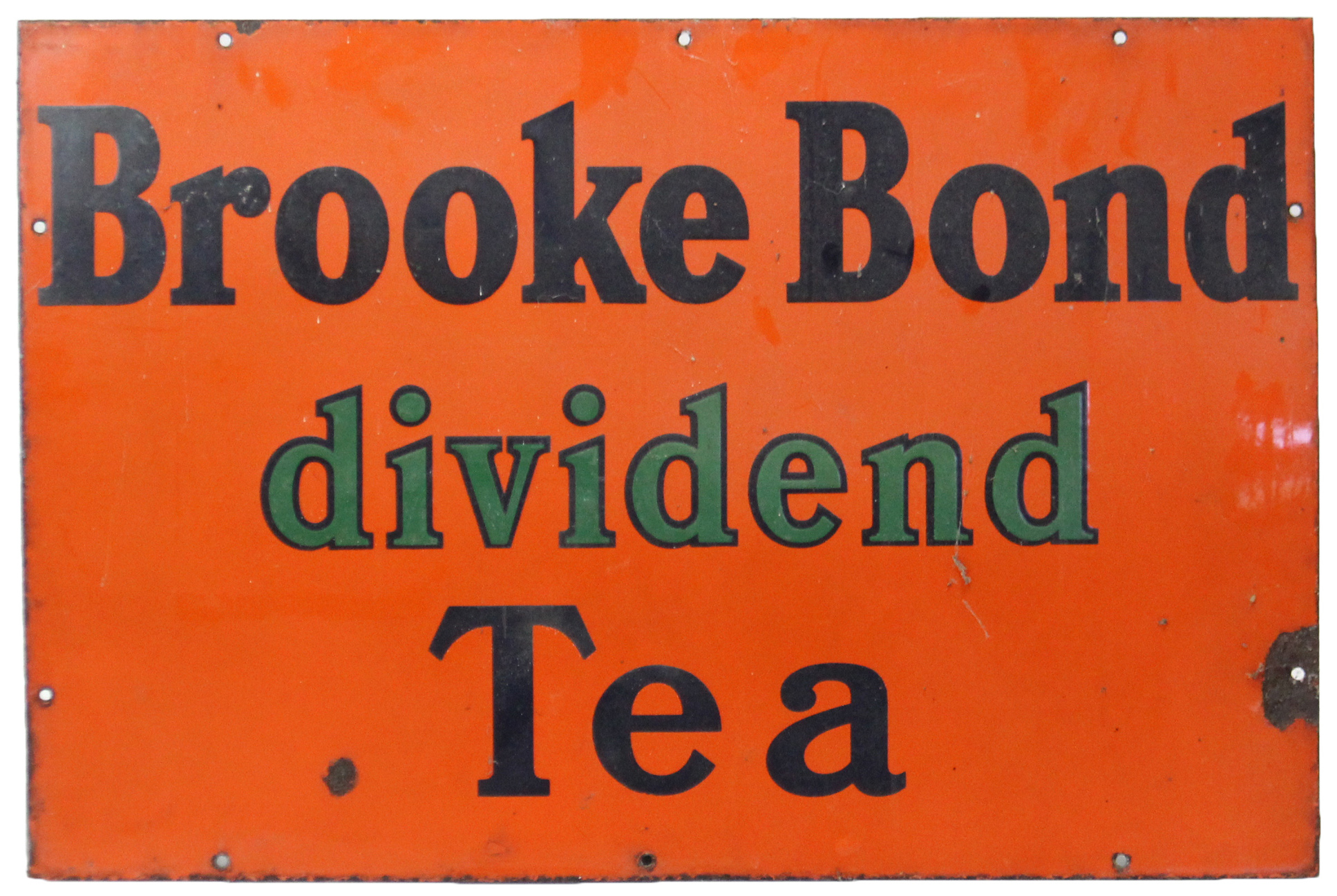 An early-mid 20th century enamelled rectangular sign “BROOKE BOND Dividend Tea”, 20” x 30”.