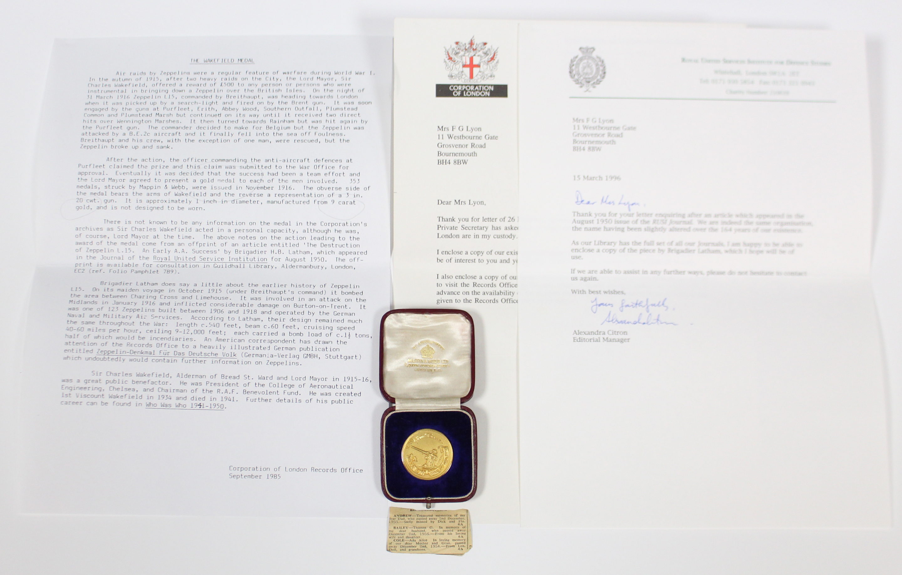 A VERY RARE LORD MAYOR OF LONDON’S GOLD MEDAL FOR THE DESTRUCTION OF ZEPPELIN “L15”, otherwise known - Image 4 of 4