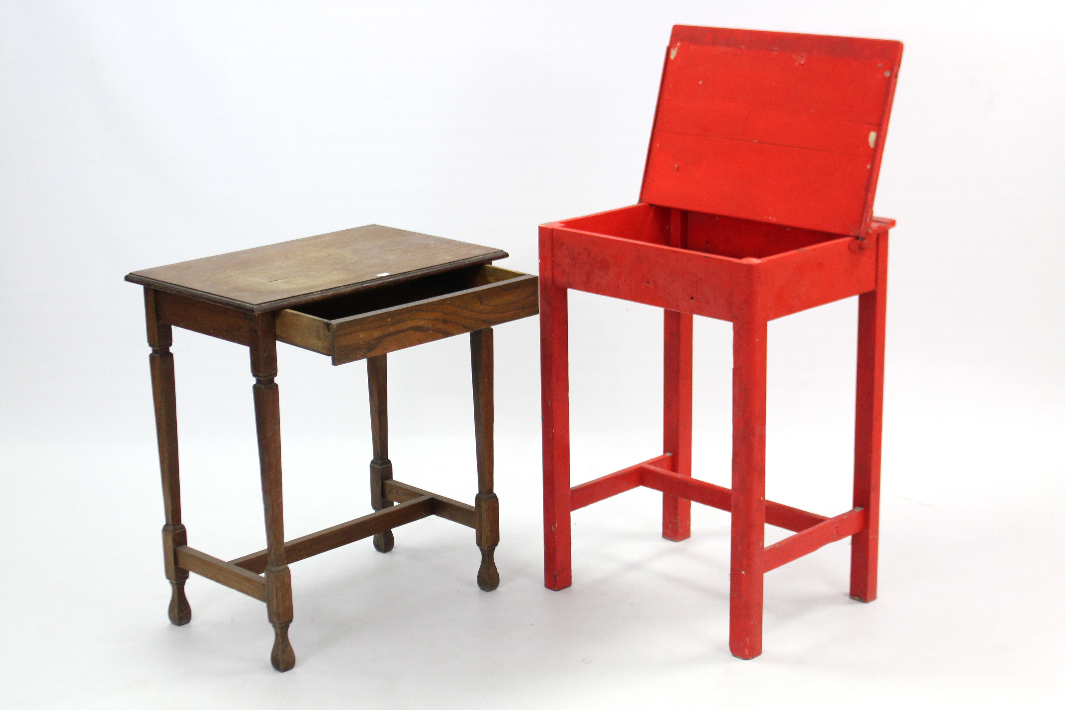 A red painted wooden child’s desk with hinged lift-lid, & on square legs with plain stretchers, - Image 2 of 2