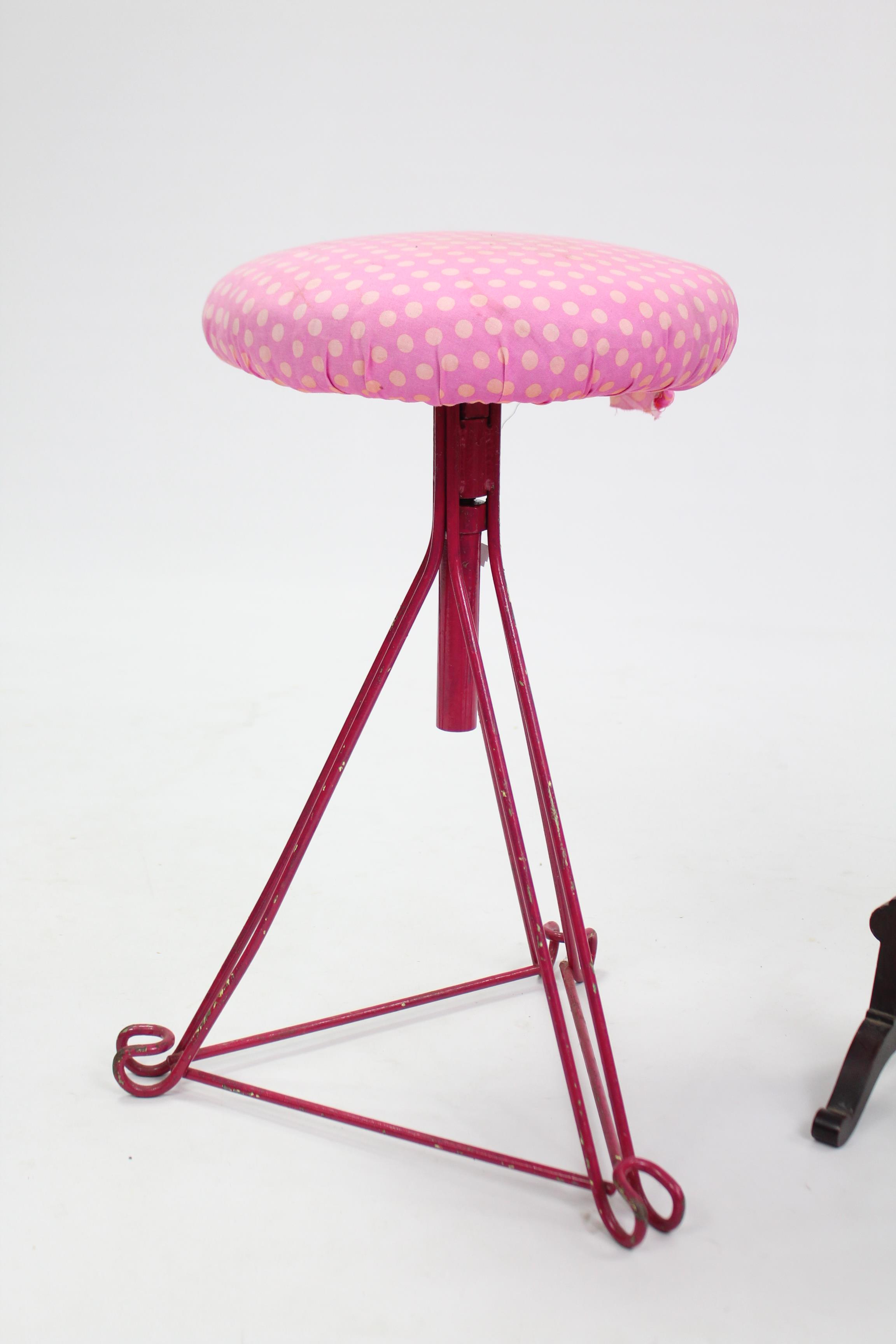 A retro-style painted wrought-iron stool with padded circular revolving seat, 21” high; & a mahogany - Image 2 of 3