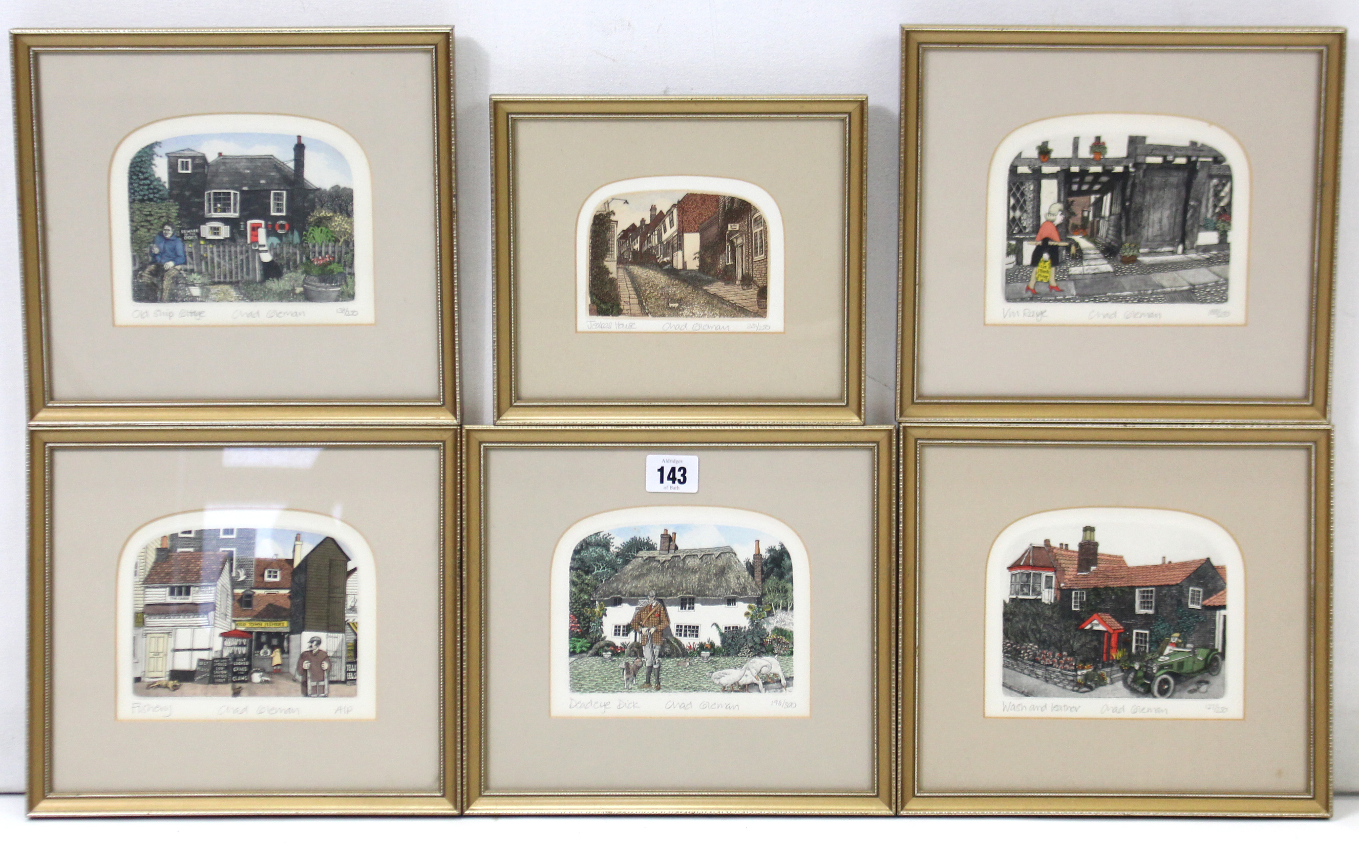 Six small coloured etchings by Chad Coleman; together with five various other decorative pictures,