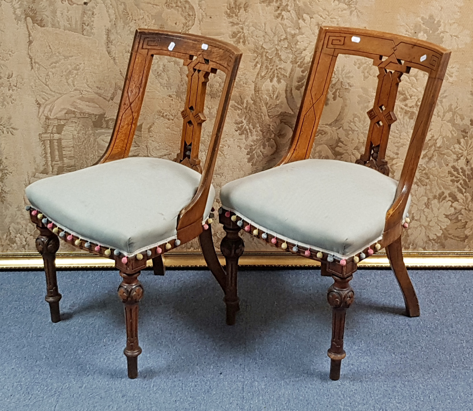 A set of six late Victorian carved oak Athenian-style dining chairs with pierced splat backs, padded - Image 2 of 3