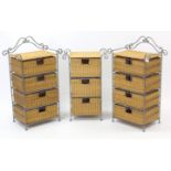 A pair of silvered-metal & woven-cane four drawer bedside chests, 21” wide; & a similar three-drawer