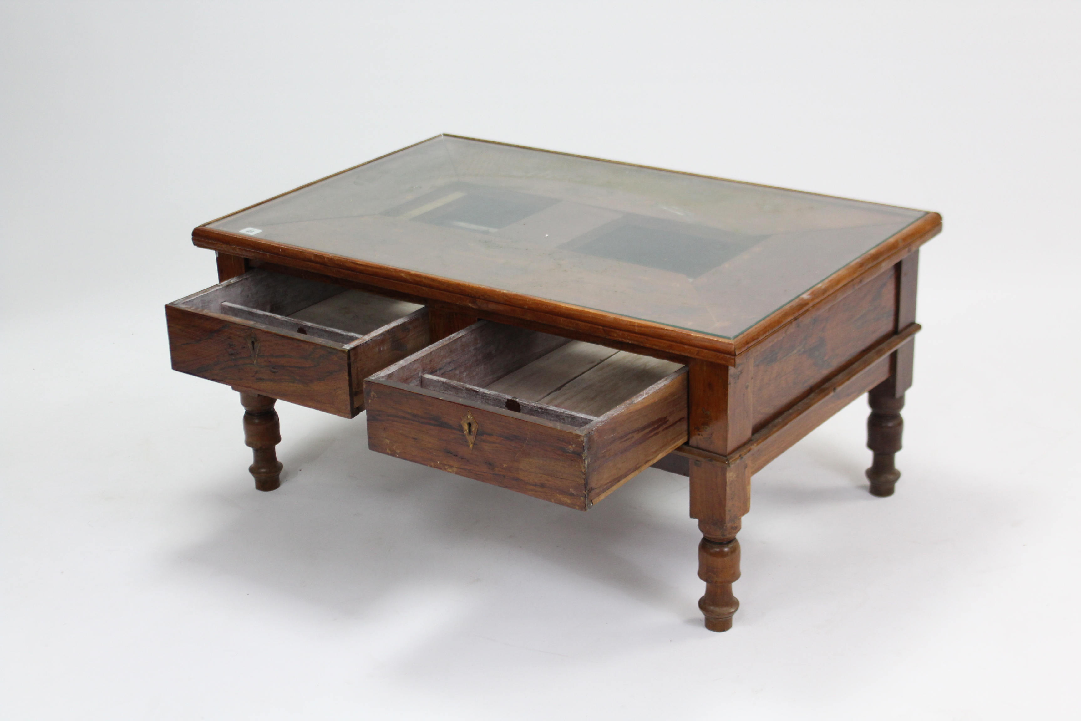 A teak low coffee table inset plate-glass to the rectangular top, fitted two frieze drawers, & on - Image 3 of 3