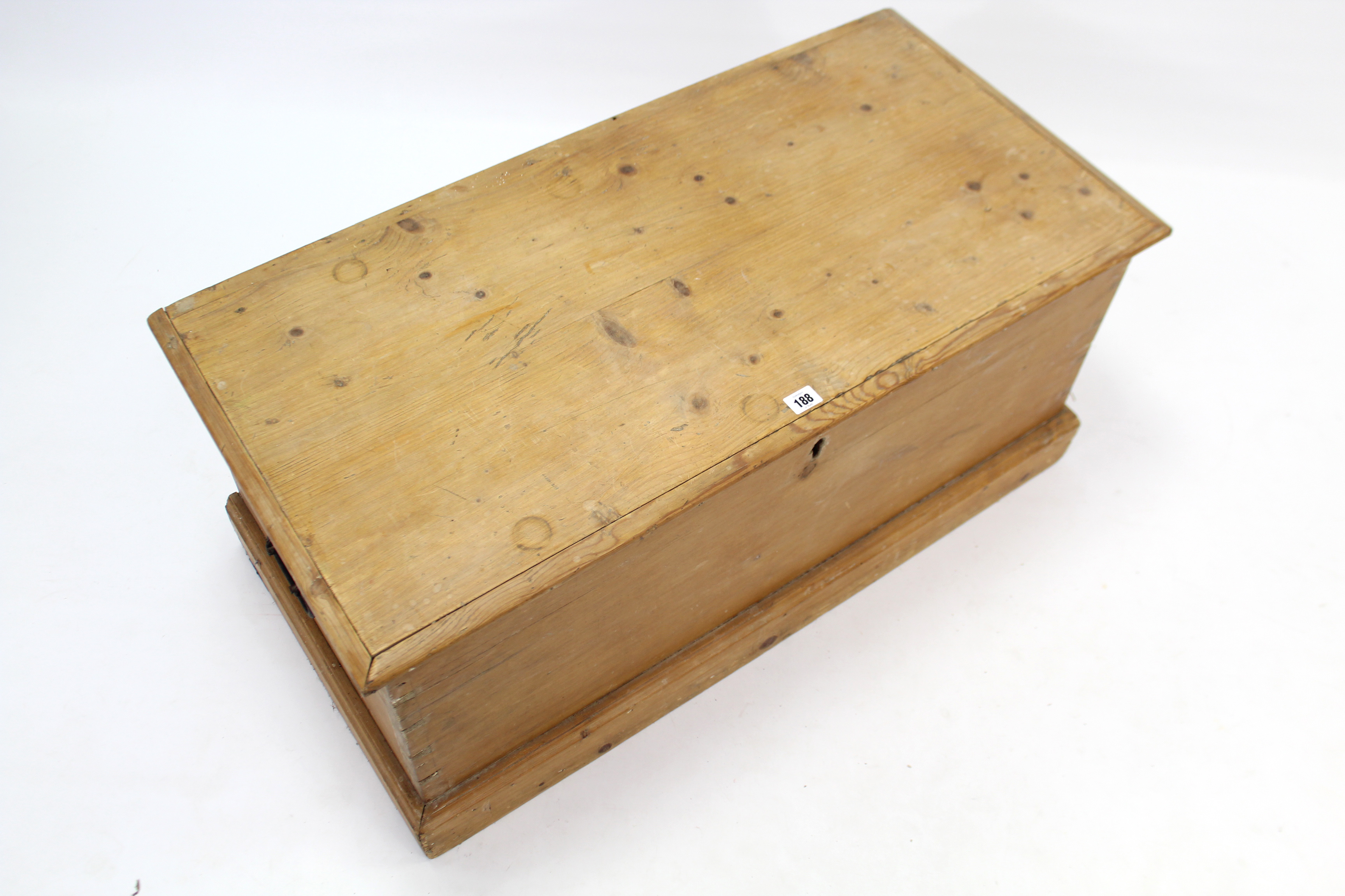 A Victorian pine blanket box with hinged lift-lid, wrought-iron side handles, & on plinth base, 37¼” - Image 2 of 3