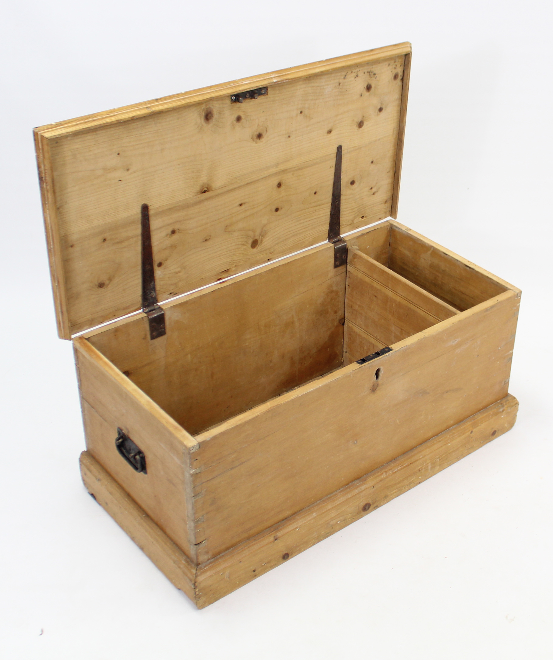 A Victorian pine blanket box with hinged lift-lid, wrought-iron side handles, & on plinth base, 37¼” - Image 3 of 3