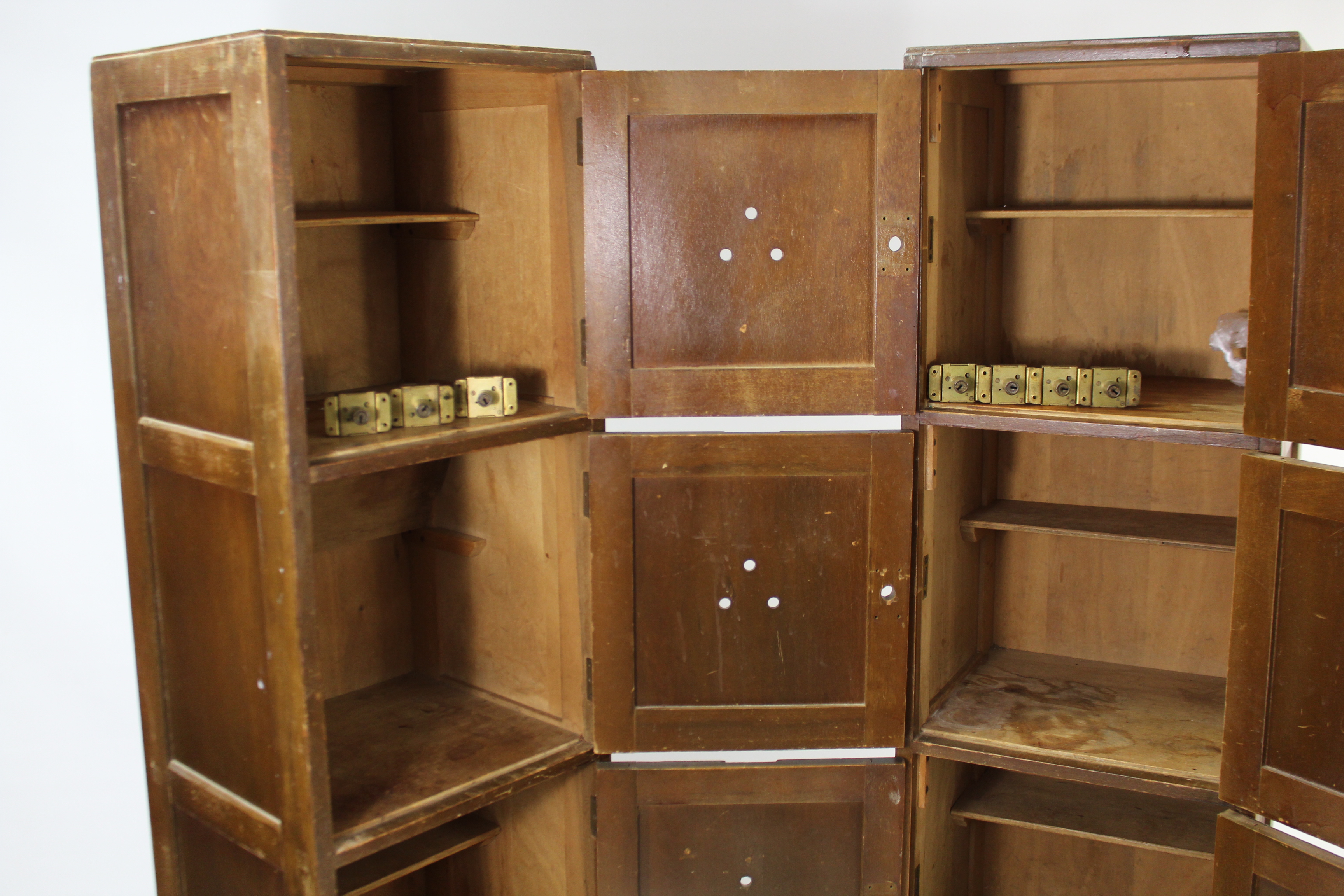 A pair of plywood tall lockers, each enclosed by four panel doors, 15¾” wide x 64¾” high. - Image 3 of 3