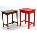 A red painted wooden child’s desk with hinged lift-lid, & on square legs with plain stretchers,