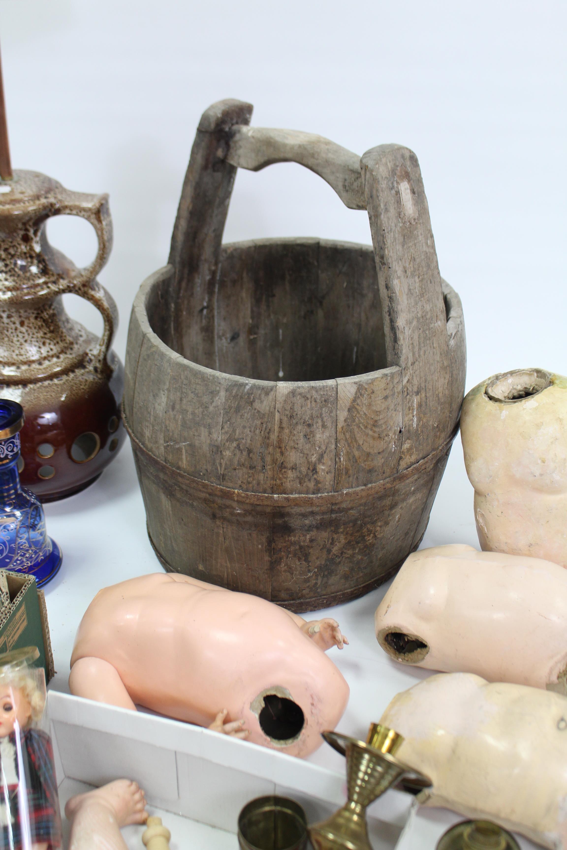 An iron-bound wooden well bucket, 20½” high; a Turkish pipe; three brass light fittings; & sundry - Image 2 of 6