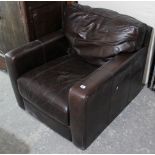 A dark brown leather square-back armchair.