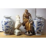 A pair of Chinese porcelain vases of six-sided form, & with blue & white dragonfly decoration, 14”