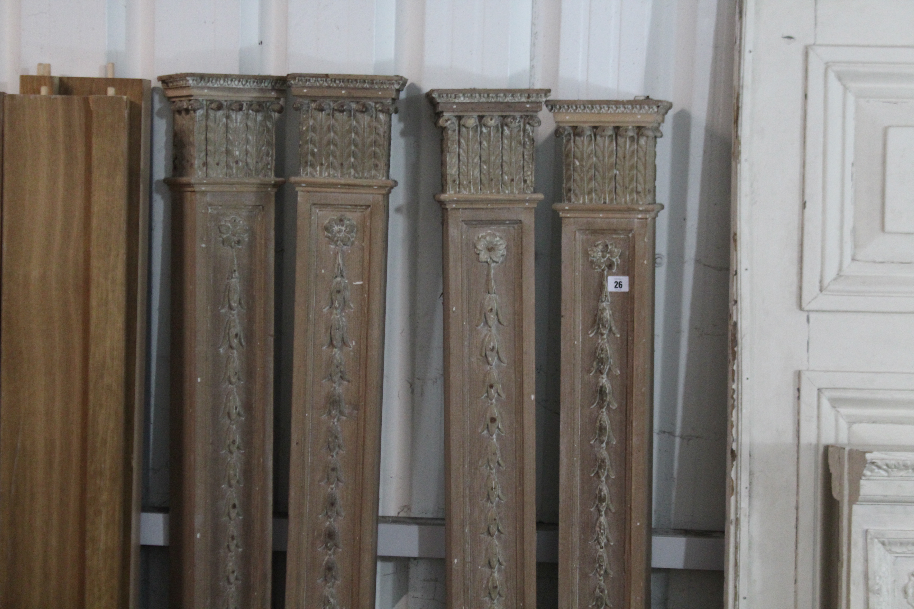 A set of four tall carved wooden ornate columns, 9’ 8” high (each column in two sections); & three - Image 3 of 6