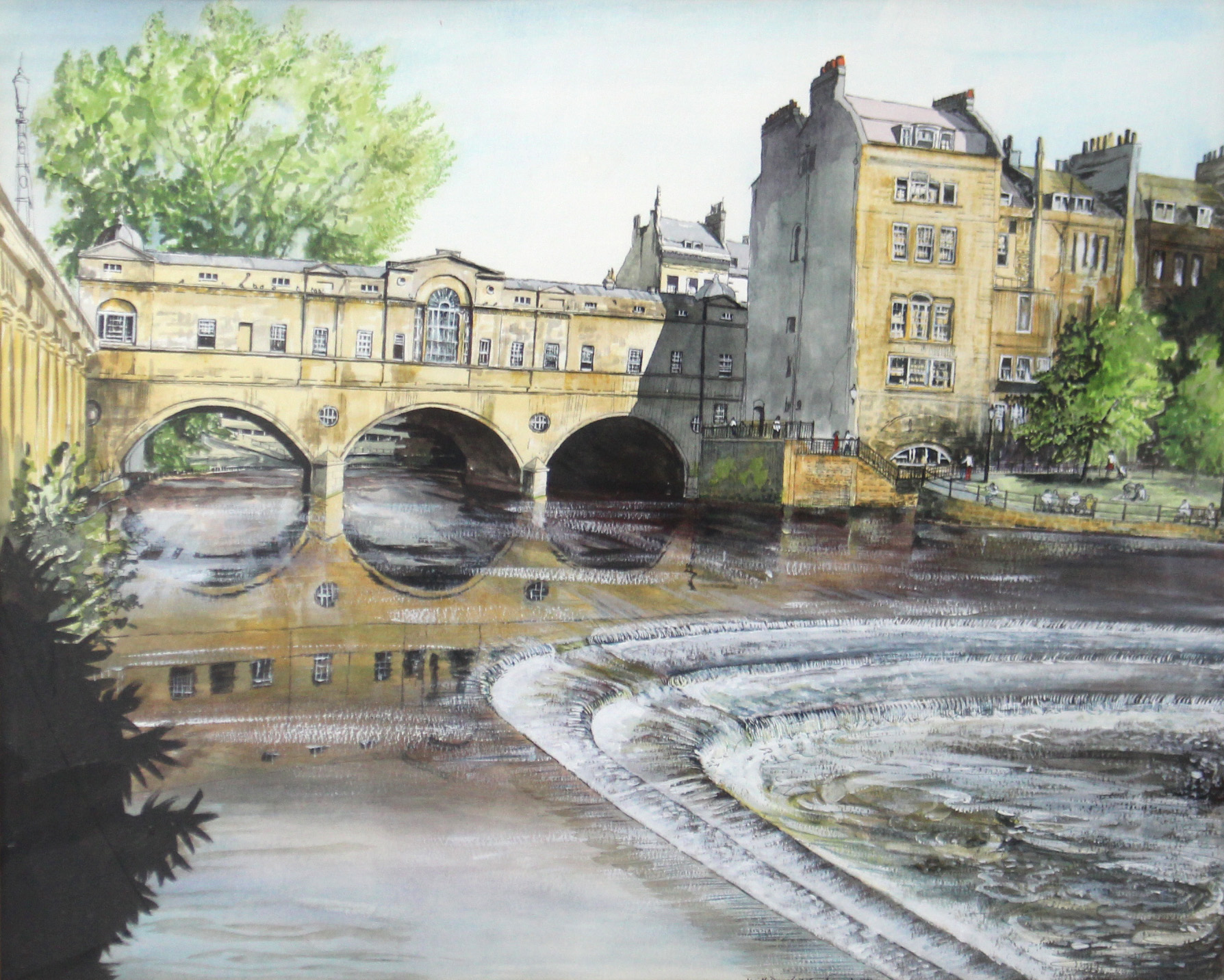 A large watercolour painting by Keith Duchars titled to reverse “Pulteney Bridge And Weir”, signed &