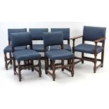 A set of six early 20th century oak dining chairs (including one carver), with padded seats &