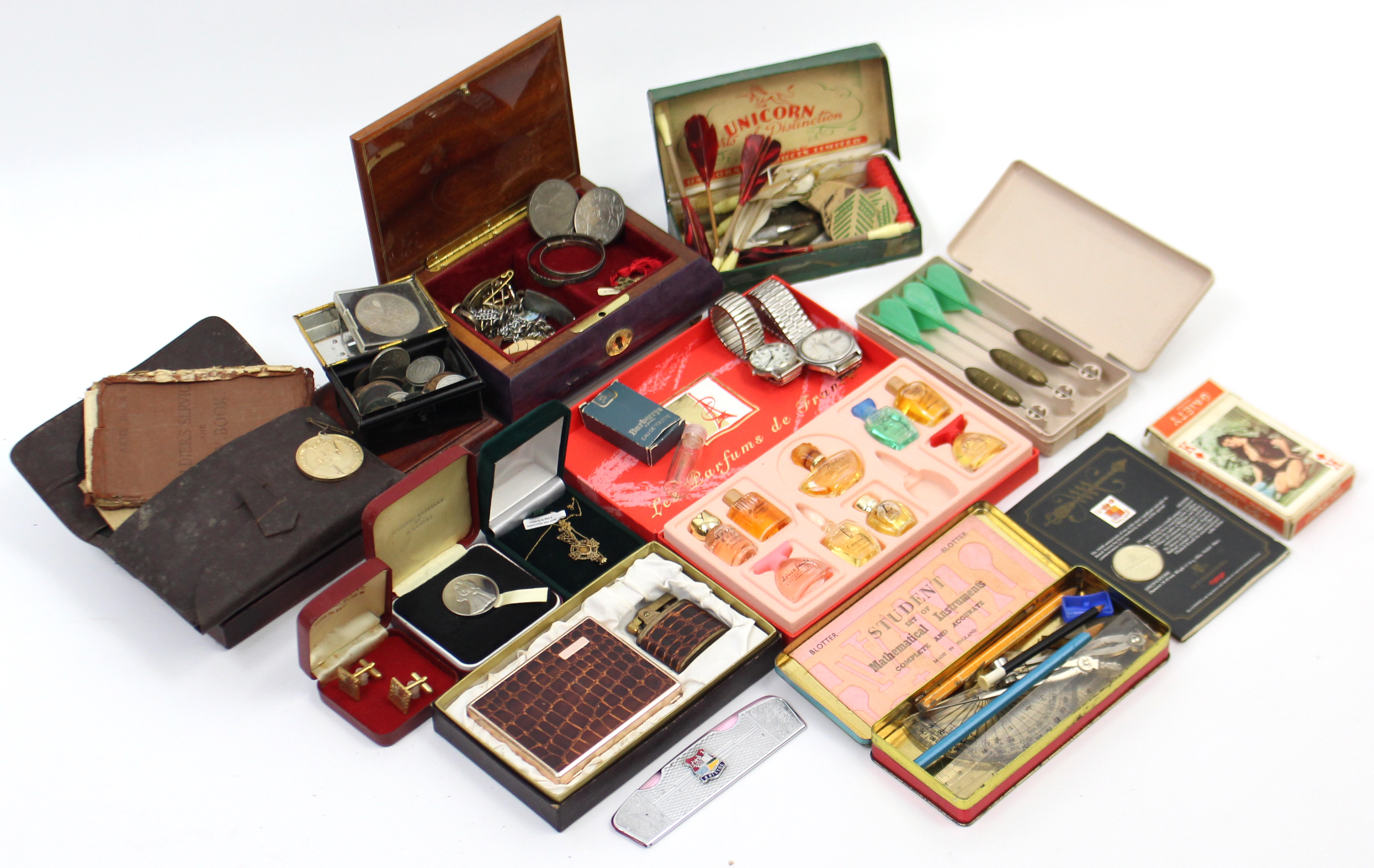 Two wristwatches; a small quantity of costume jewellery; a cigarette case & matching lighter;